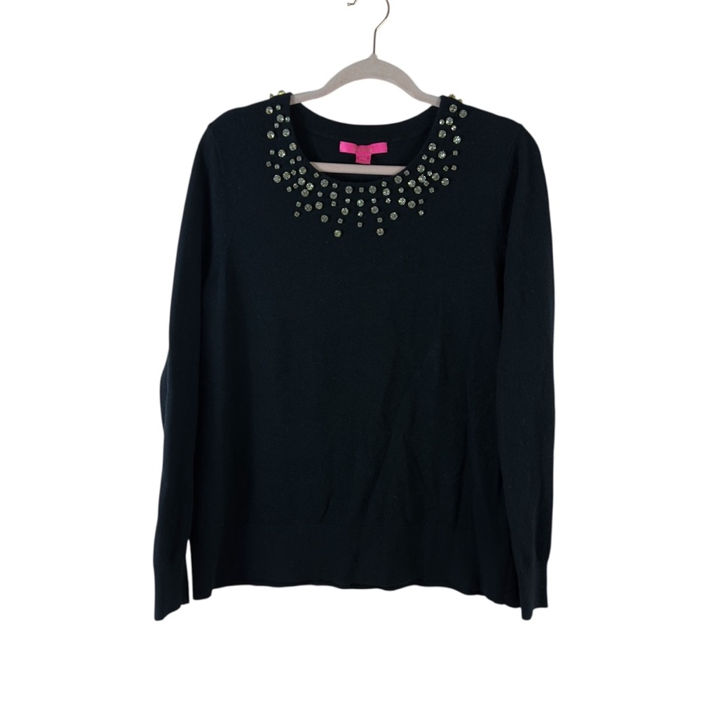 LILLY PULITZER womens sz XL Odetta black jeweled extra fine merino wool sweater